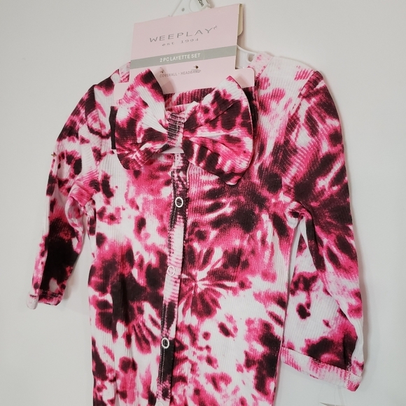 NWT Wee Play Pink & Black Tie-Dye‎ Footie & Bow-Accent Headband - 6-9 Months - Picture 4 of 7